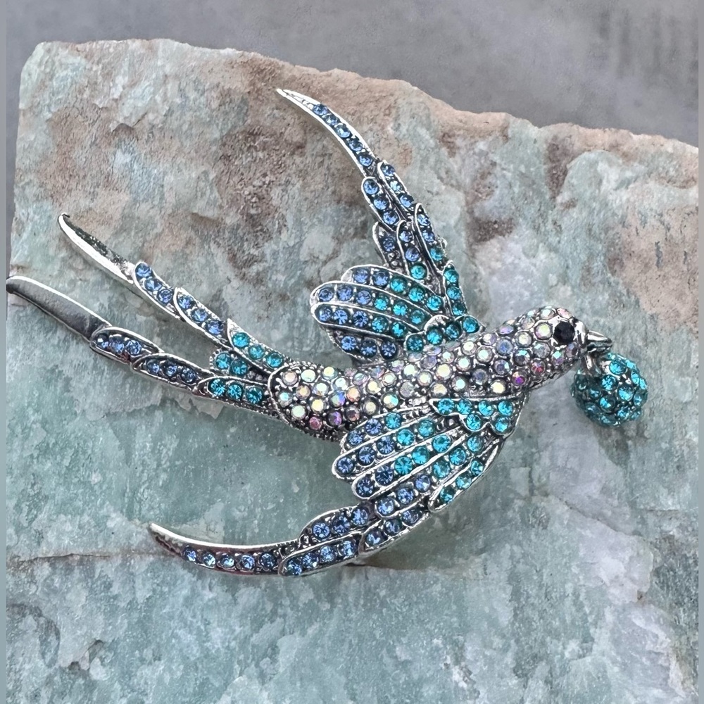 Crystal-Encrusted Swallow Pin | Blue & Iridescent Rhinestone Bird Brooch
